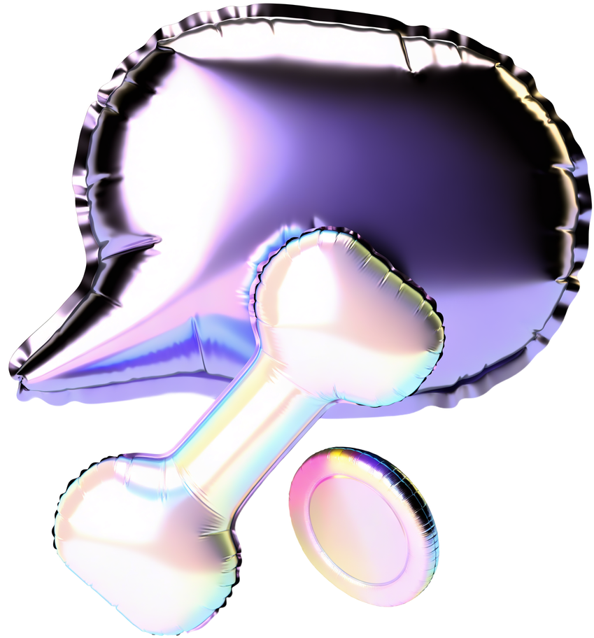 A foil speech bubble holding a barbell and a coin